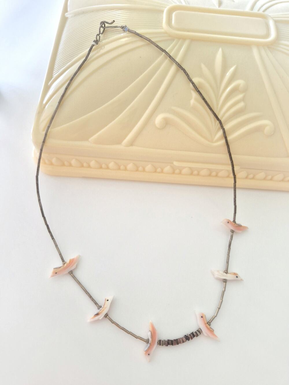 Vintage MOP Pink Birds Shell and Liquid Silver Bead Choker Necklace